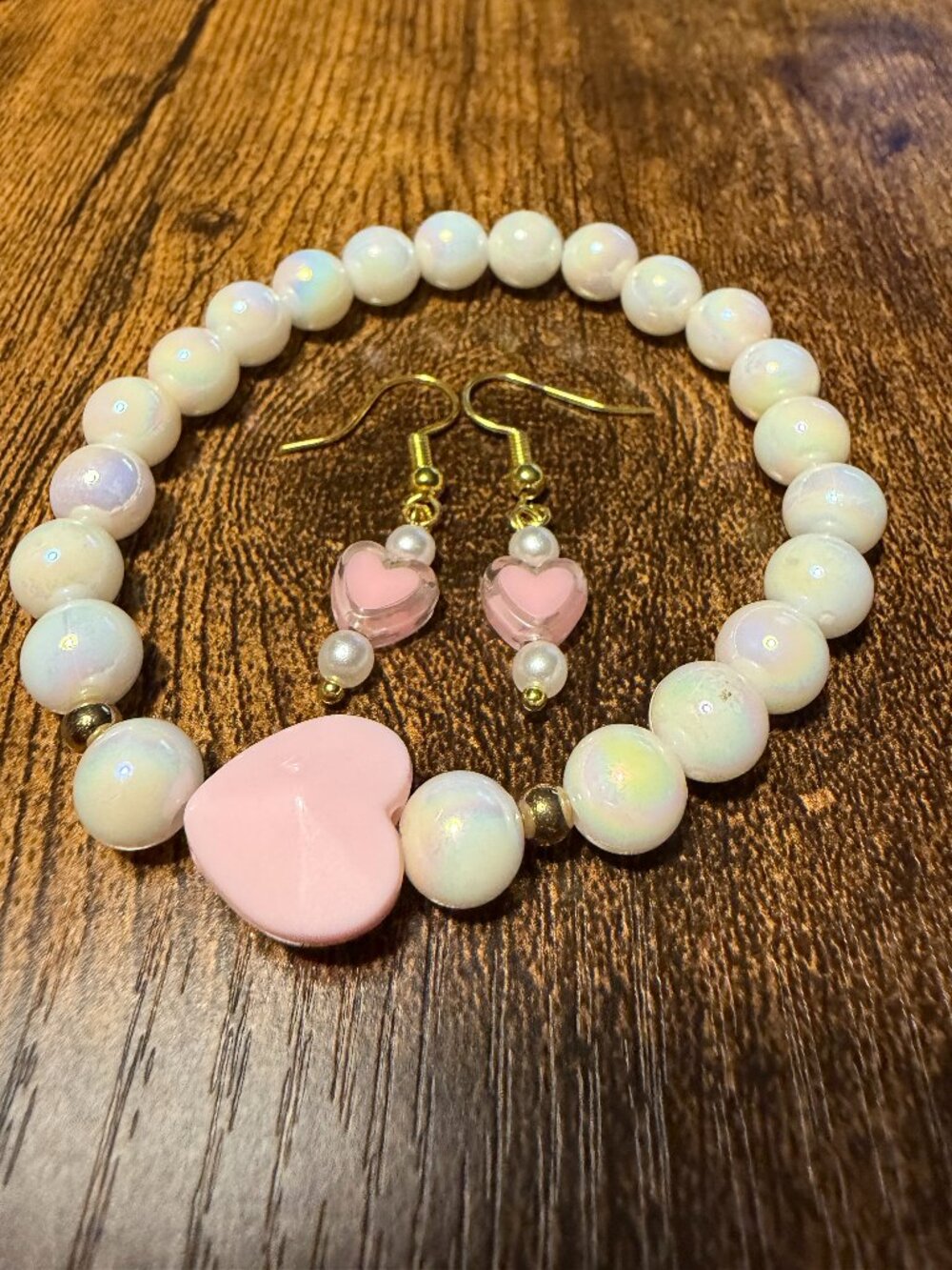 🌸 Iridescent Pastel Pearl Bead Bracelet & Pink Heart Earring Coordinated Suite